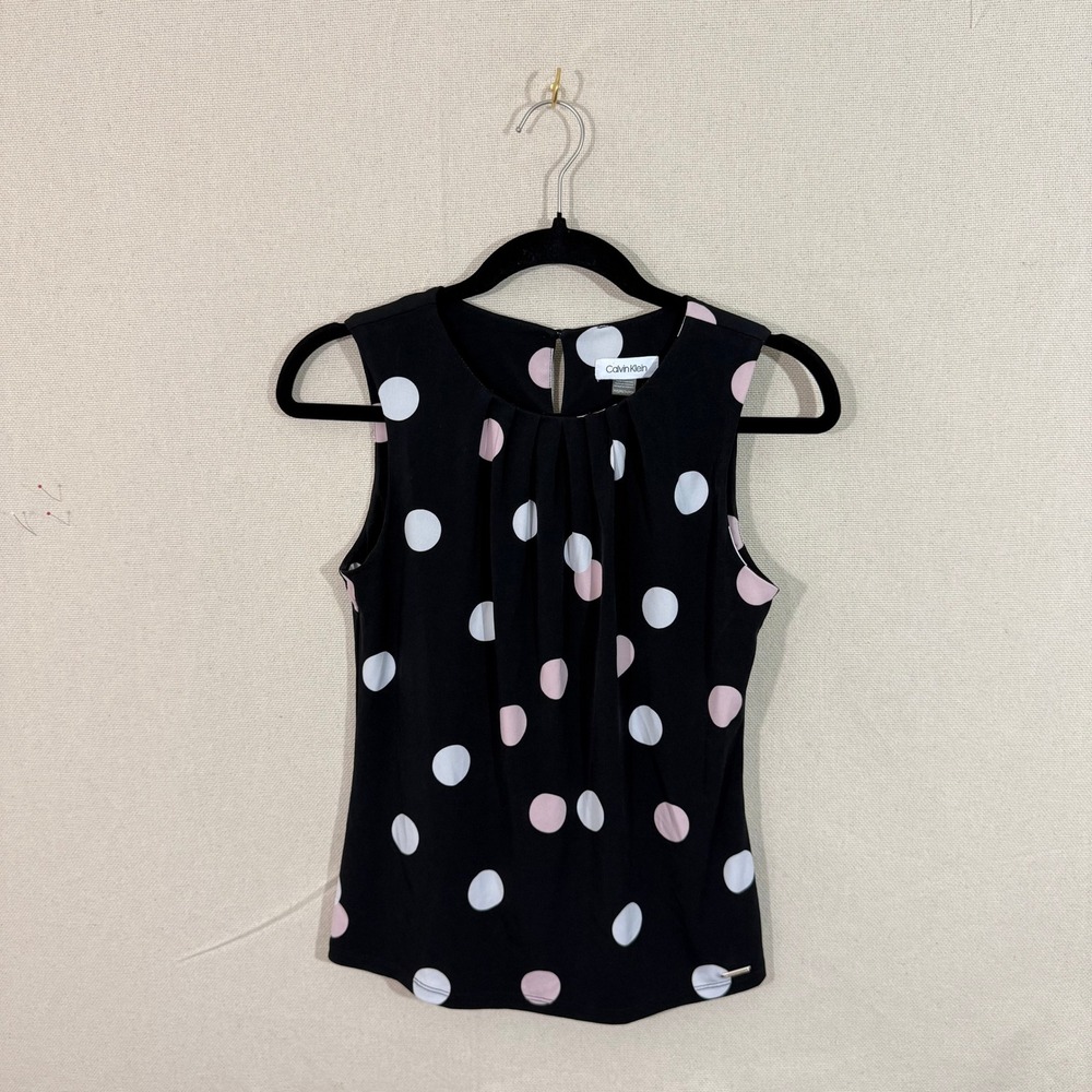 Calvin Klein Womens Polka Dot Sleeveless Pleated Shell Top Black Pink PXS